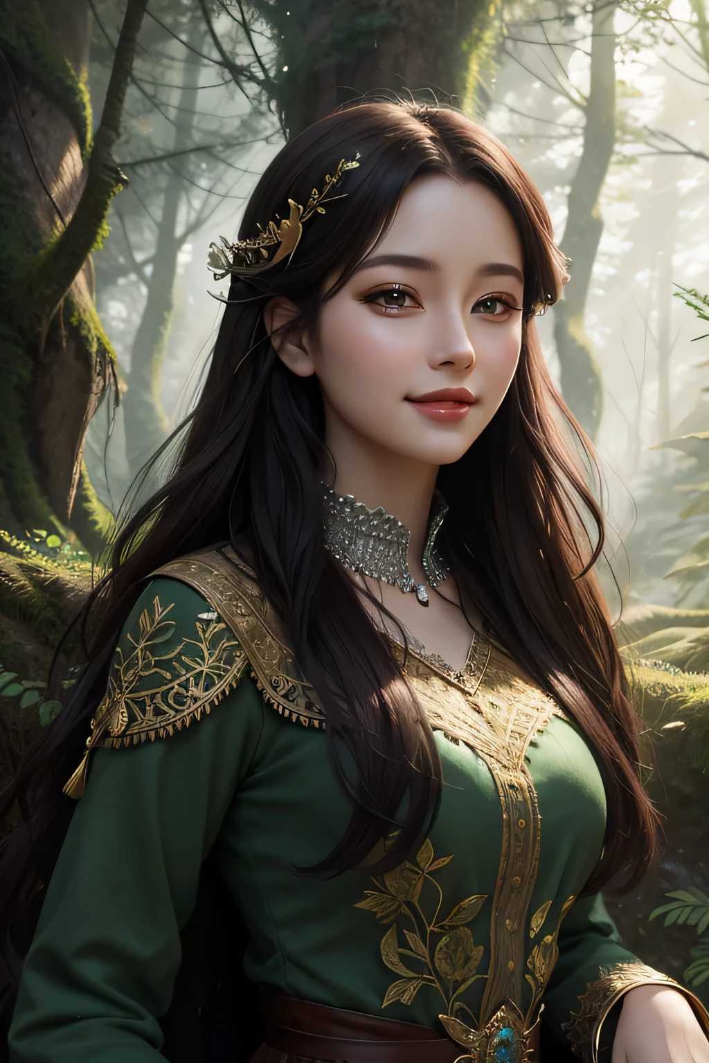 porrtrait of a woman in an ancient mystical forest with digital painting in a fantasy landscape style, smile
masterpiece, best quality, intricate detail,