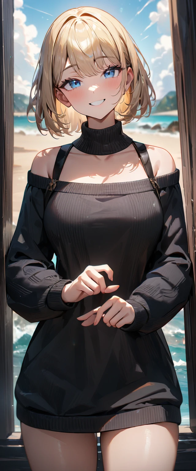 (((One girl))), ((beach)), noon, blond hair, bob cut, breasts, from front, (cowboy shot), standard body, (looking at viewer), ((black sweater)), ((off-shoulder knit sweater, Quite thick shoulder straps)), {{long juliet_sleeves}}, teenager, head tilt:1.3, (((blue eye))), ((happy smile)), anime style, (best quality, 4k, 8k, highres, masterpiece:1.2, ultra-detailed, ultra-detailed eyes, HDR, UHD, studio lighting, ultra-fine painting, sharp focus, physically-based rendering, extreme detail description, professional, vivid colors, bokeh), ((Highest quality, Best image quality, Ultra-high resolution, Ultra-high resolution, solo, Strong eye highlights)), Depth of written boundary, Natural soft light, attractive, Beautiful Face, Cleanliness, Pure Face, nedium chest, Beautiful Face, Perfect Fingers, Perfect hands, Perfect body, Perfect Face, Shine a light into your eyes, Perfect Anatomy
