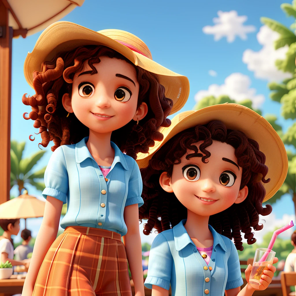 A young woman with curly hair dressed in a June party outfit, holding a straw hat