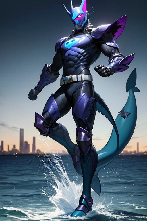 ((best quality)), ((masterpiece)), (detailed), 1 male, full body, 25 years old, masked, blue mask, smooth head, mask covering his mouth, 1 shark fin on his head, diving mask, angry expression, black collar, tall and strong, very athletic, shark fins, grey details, mechanical shark head, shark suit, purple fingerless gloves, purple wristbands, water shooters, shooting water from the wrists, blue nanotech suit resembling light armor, blue chest with an emblem, green fly emblem on his chest, green emblem, blue pants, shark tail, blue knee pads, metallic blue boots, black superhero belt, standing on a pier by the sea, night city background, anime