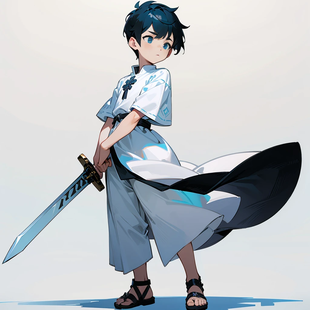 1little boys, Full body version, blue eyes, undercut hair, black colour hair, plain full white tunic Roman clothing, short sleeve shirt, gladiator sandals, plain sword in hand, Grassroots background 