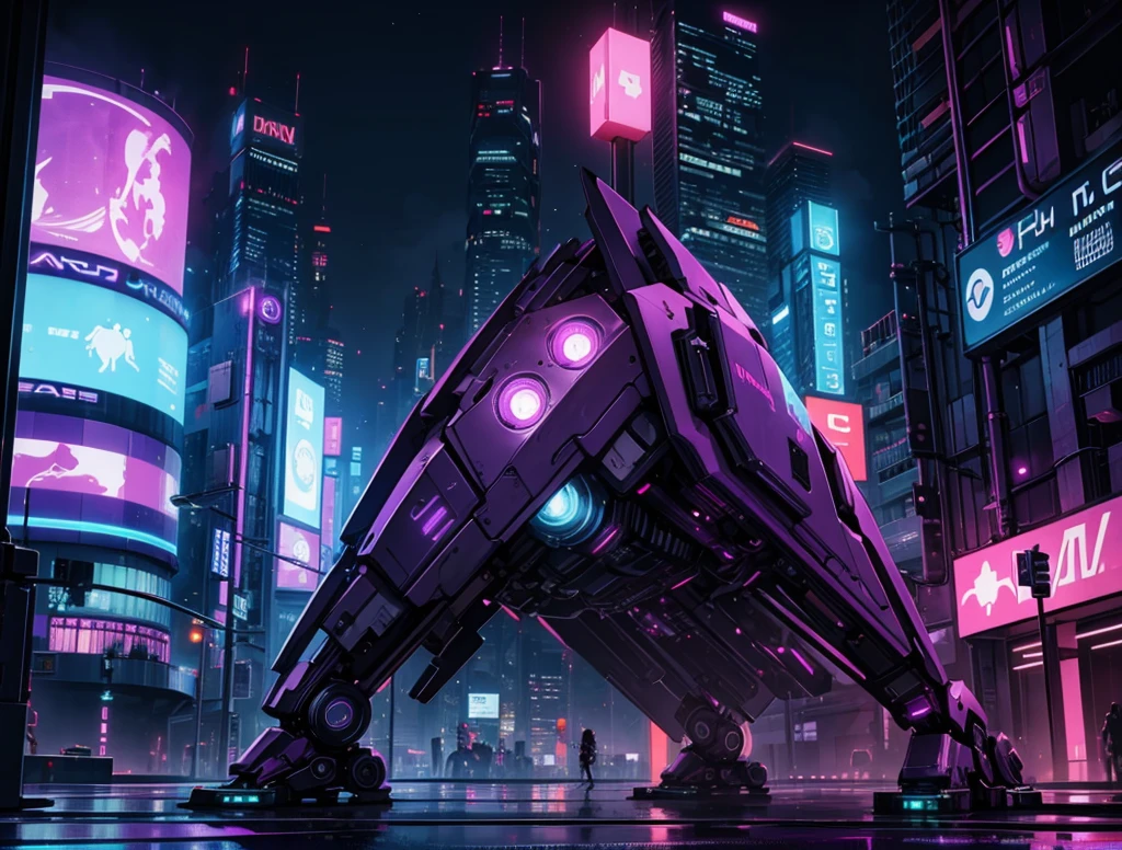 cyberpunk city, neon light, ight, HDR, futuristic building, purple light, purple moon, purple theme
