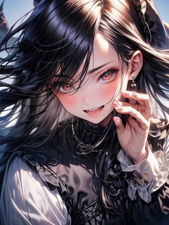 (Highest quality), (masterpiece:1.2), (Realistic, photo-Realistic:1.2), (Highly detailed face and skin texture), (Photographed from the front:1.1), (20 year old Japanese idol), One Woman, Cute face, Whitening skin, double eyelid, (Ridiculously long hair:1.5), (Slim figure), (Flat Bust:0.9), Long legs, (Black straight hair), (Gothic Lolita), Full body photography, Put your hands together, Blown by strong winds