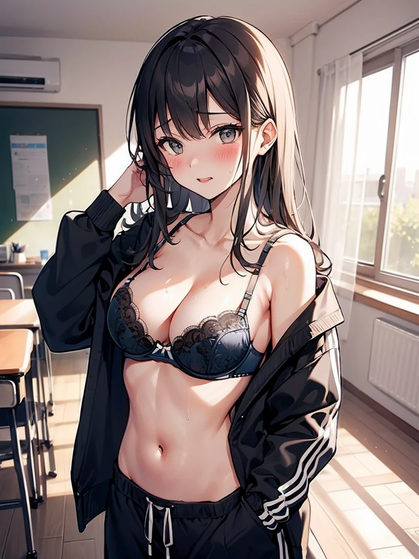 体育倉庫室で青い長袖tracksuit in schoolを脱ぐExpose狂の女, blush, ((Expose, shame, ,  Bra, transformation))
