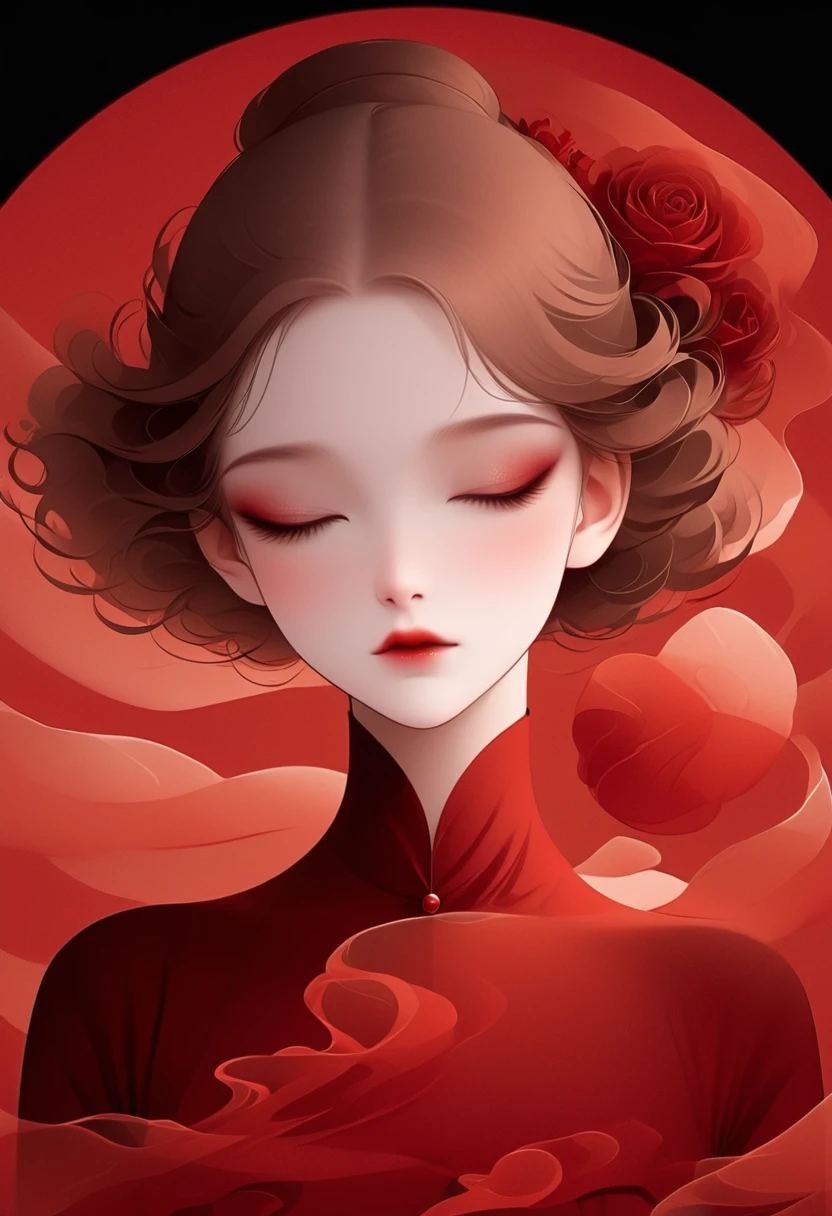 (masterpiece, best quality:1.2), 1 girl, Solitary,Pretty Face,Red Lipoism Art Nouveau,Illustration style,Black and red