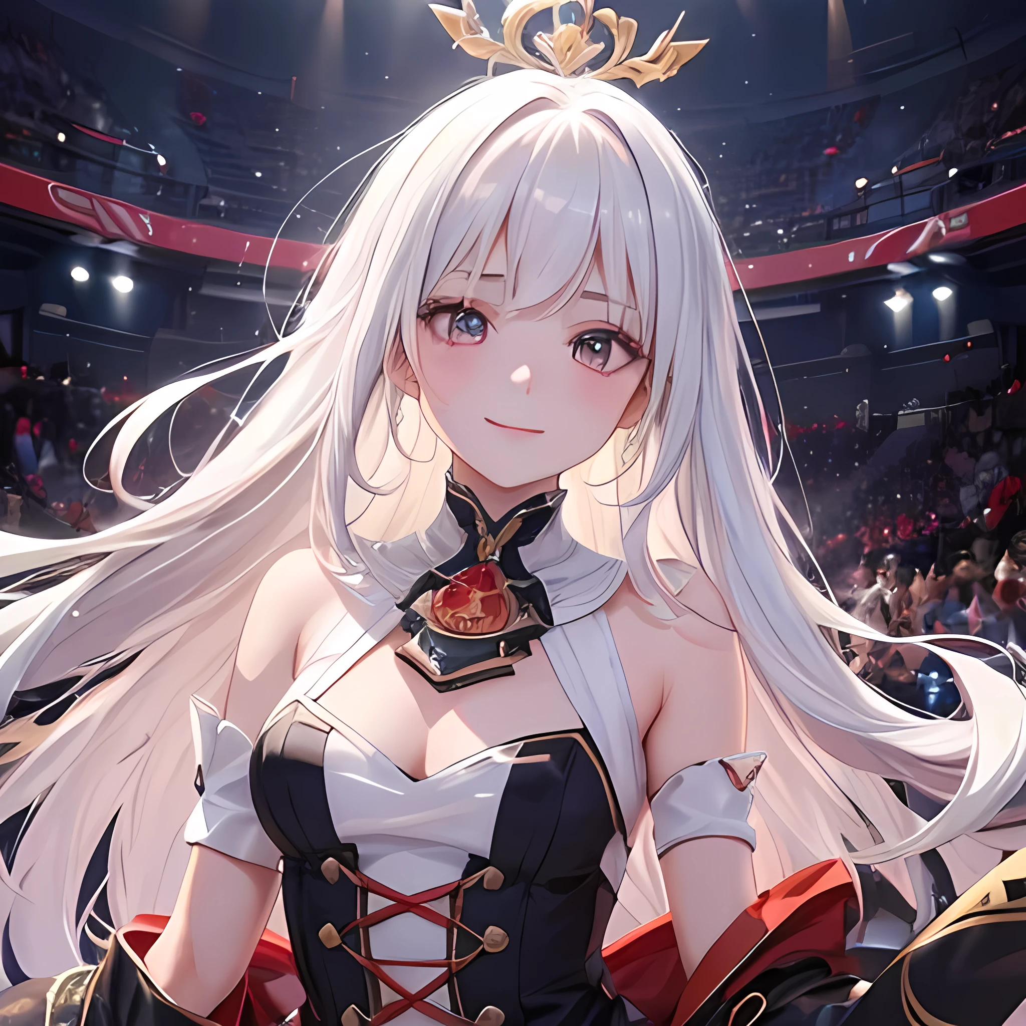 white hair, (long straight hair),(conjunctivitis),white skin ,(whole body),(one woman),Idol,Smile broadly..,smooth and straight, 6月のIdol,ชุดIdolสีขาว,(Masterpiece, Highest quality, very detailed, best shadow), (Detailed background), (Beautifully detailed face), high contrast, (best light, Very delicate and beautiful), ((Cinema-grade lighting system)), colorful, very detailedเกินไป, Incredible light, complicated details,stage background,microphone,Holding a picture of Katsuki Bakugou,