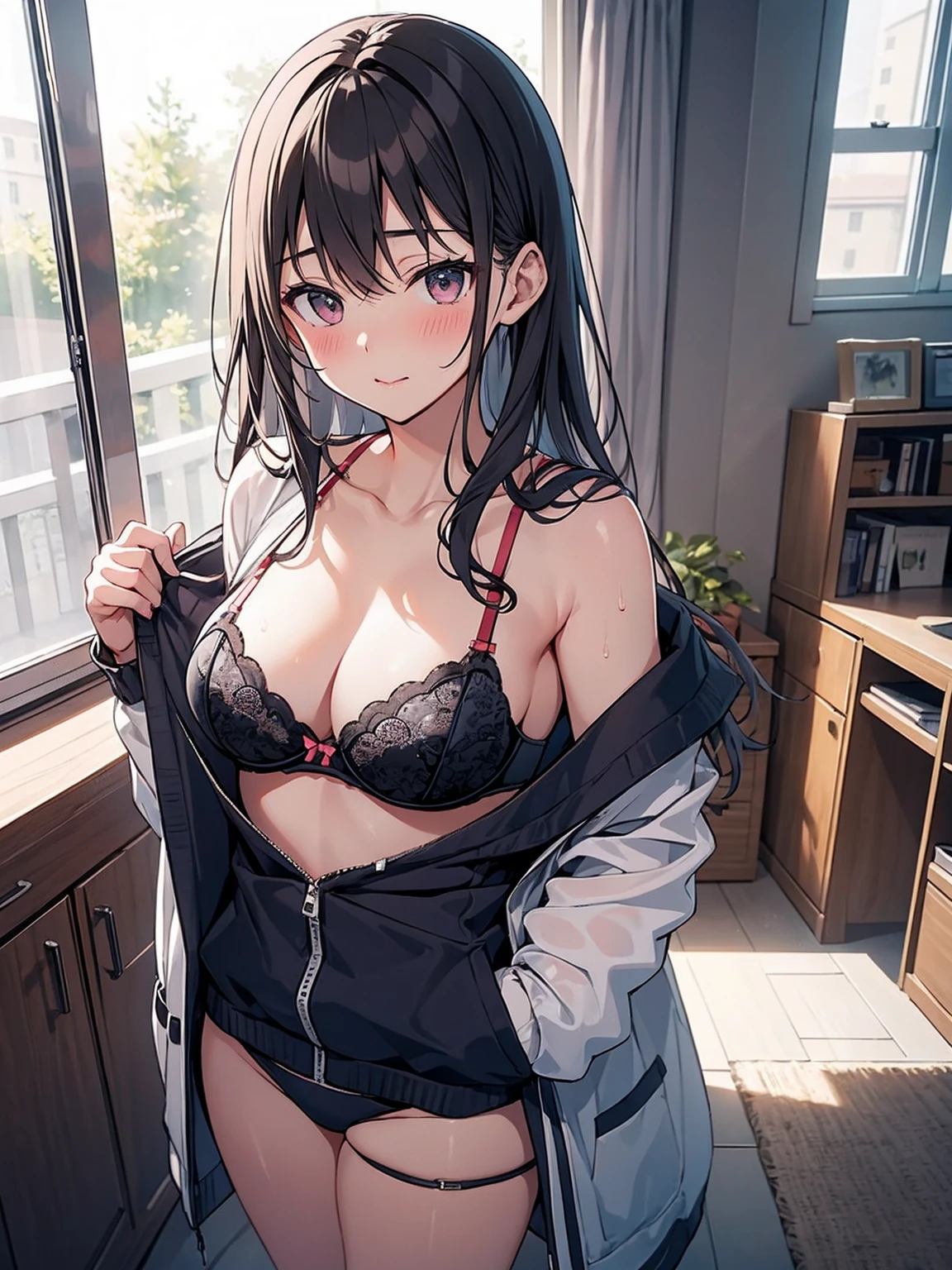 体育倉庫室で青い長袖tracksuit in schoolを脱ぐExpose狂の女, blush, ((Expose, shame, , Sexy Bra, transformation))
