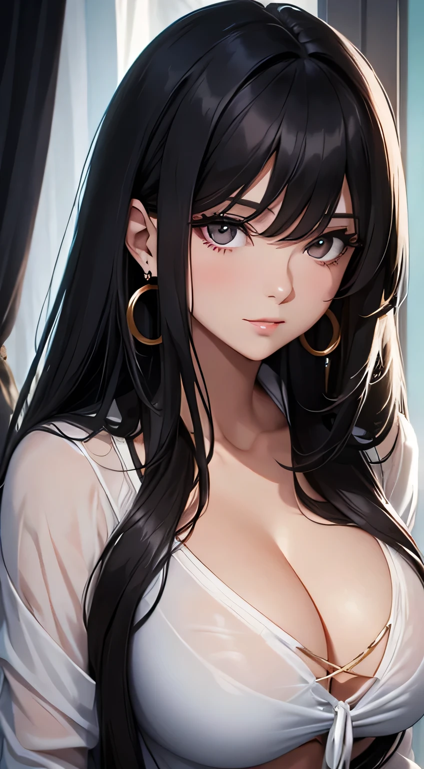 Amazing portrait of a sexy girl with long straight black hair with curtain bangs wearing a shirt with the front tied emphasizing her medium chest with cleavage paired with earrings and other jewellery during night time with soft lighting emphasizing all her beautiful features