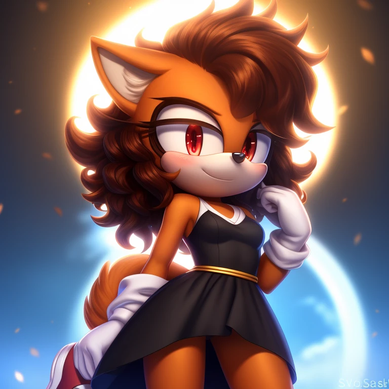 mobian, solo, hedgehog, two-tone fur ((orange fur, brown fur)), cowboy dress, high-top sneakers, small breasts, two-tone hair (brown hair, black tip)), curly hair, halo, sunglasses, jewelry, red eyes, longeyelashes, red eyes, smile, shy, blush, pose, high detail, masterpiece, UHD, anatomically correct, super detail, highres, 4K