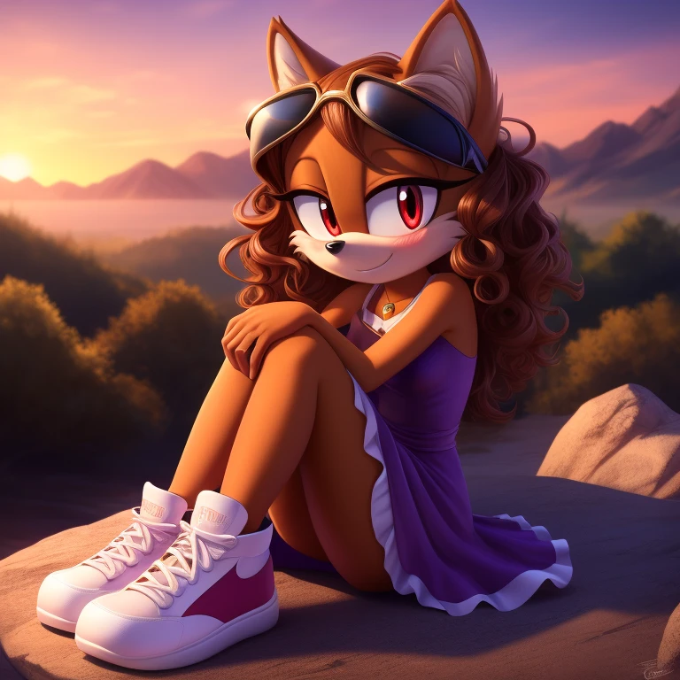 mobian, solo, hedgehog, two-tone fur ((orange fur, brown fur)), cowboy dress, high-top sneakers, small breasts, two-tone hair (brown hair, black tip)), curly hair, halo, sunglasses, jewelry, red eyes, longeyelashes, red eyes, smile, shy, blush, pose, high detail, masterpiece, UHD, anatomically correct, super detail, highres, 4K