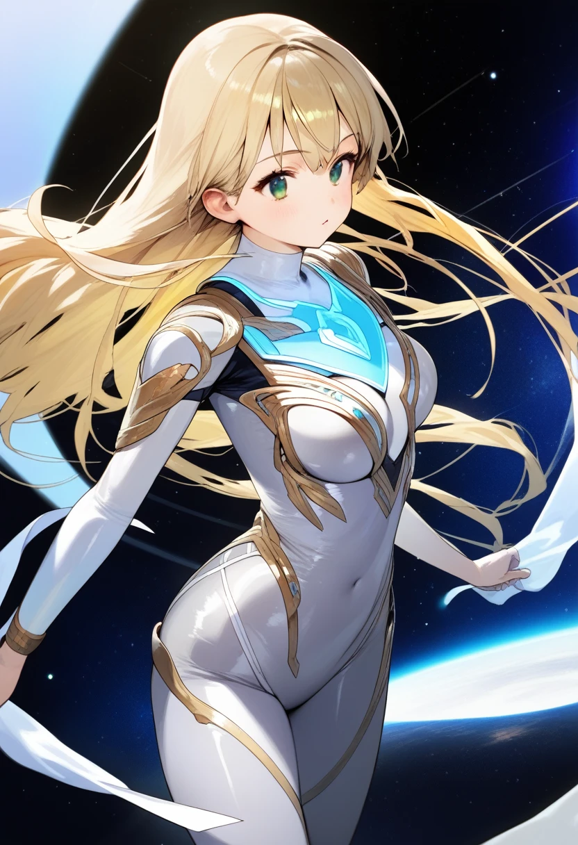 (best quality),female,Sala,original,blonde hair ,green eyes,silver metallic bodysuit,ultragirl,,space background,ultra-detailed,sharp focus,aesthetic, score_9, score_8_up, score_7_up,source_anime,