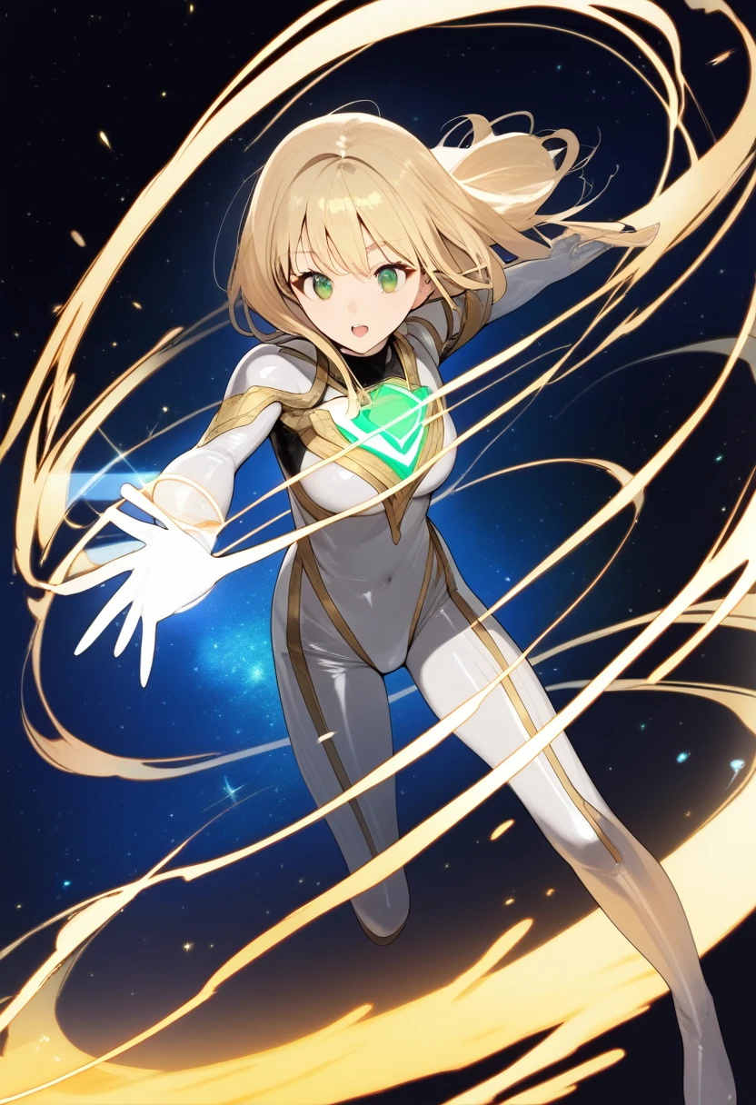 (best quality),female,Sala,original,blonde hair ,green eyes,silver metallic bodysuit,ultragirl,,space background,ultra-detailed,sharp focus,aesthetic, score_9, score_8_up, score_7_up,source_anime,