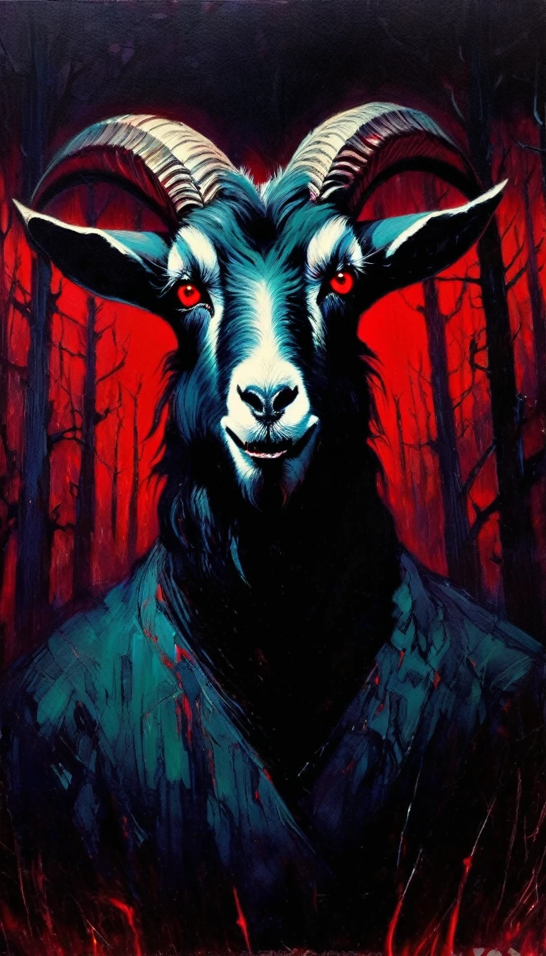 1satanic angry goat in the night, red eyes, sinister forest, horror,(art inspired in Bill Sienkiewicz). oil painting)