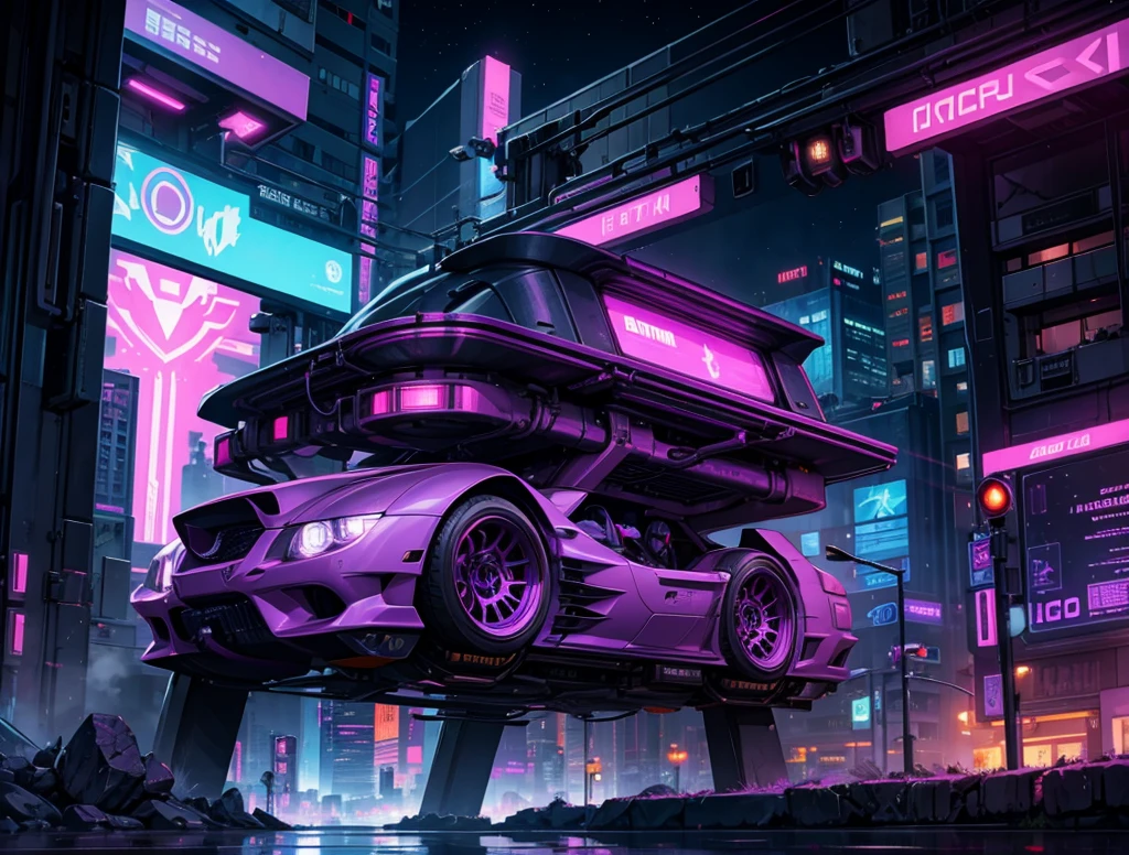 cyberpunk city, neon light, ight, HDR, futuristic building, purple light, purple moon, purple theme, flying car, traffic light