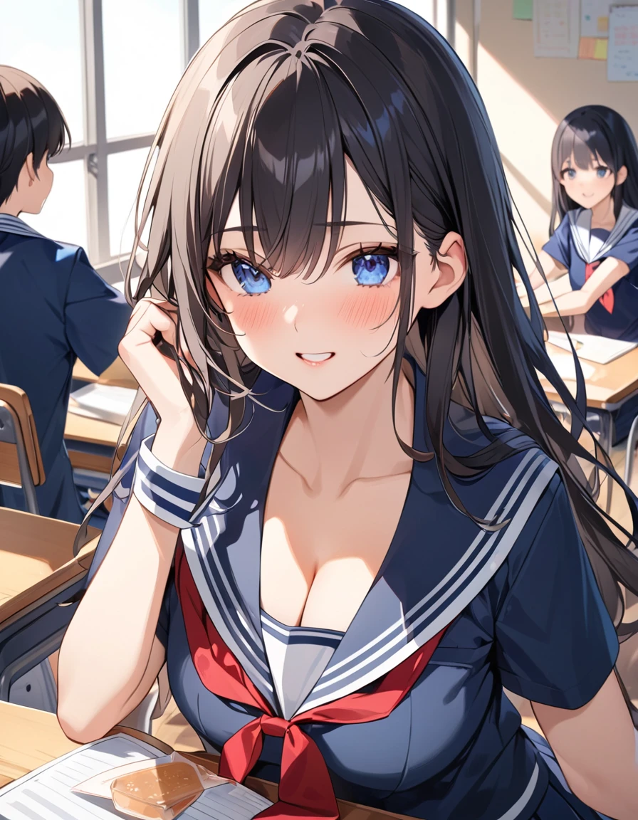 (Highest qualityのイラスト:1.2), (cute女の子:1.1), (1 girl、、Highest qualityのイラスト:1.2), (1 girl、Kind eyes、blue eyes:1.2)、Black Hair、Semi-long hair、(Highest quality、Very detailed、cute、Ultra-high resolution) 、High School Uniform{Sailor suit、Red neckerchief、Short sleeve、Navy Pleated Skirt、Cleavage)、School classroom、