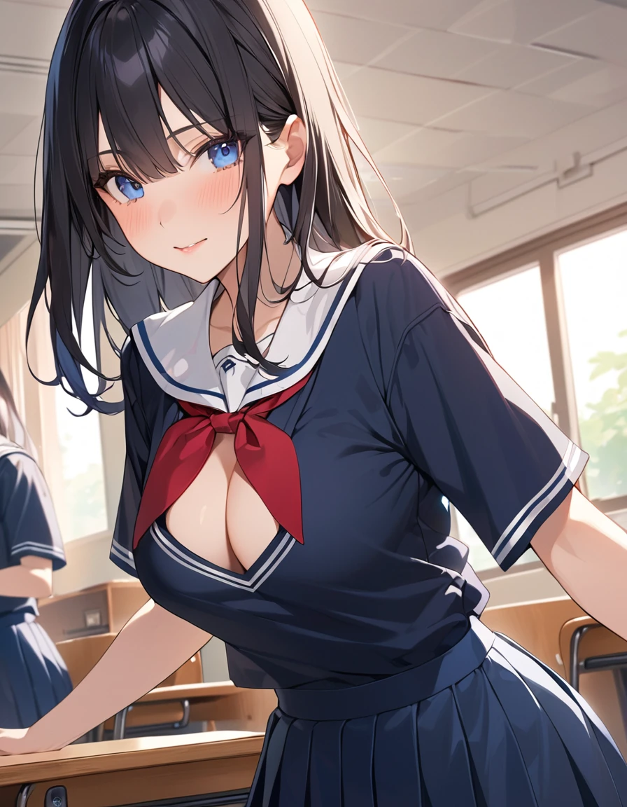 (Highest qualityのイラスト:1.2), (cute女の子:1.1), (1 girl、、Highest qualityのイラスト:1.2), (1 girl、Kind eyes、blue eyes:1.2)、Black Hair、Semi-long hair、(Highest quality、Very detailed、cute、Ultra-high resolution) 、High School Uniform{Sailor suit、Red neckerchief、Short sleeve、Navy Pleated Skirt、Cleavage)、School classroom、