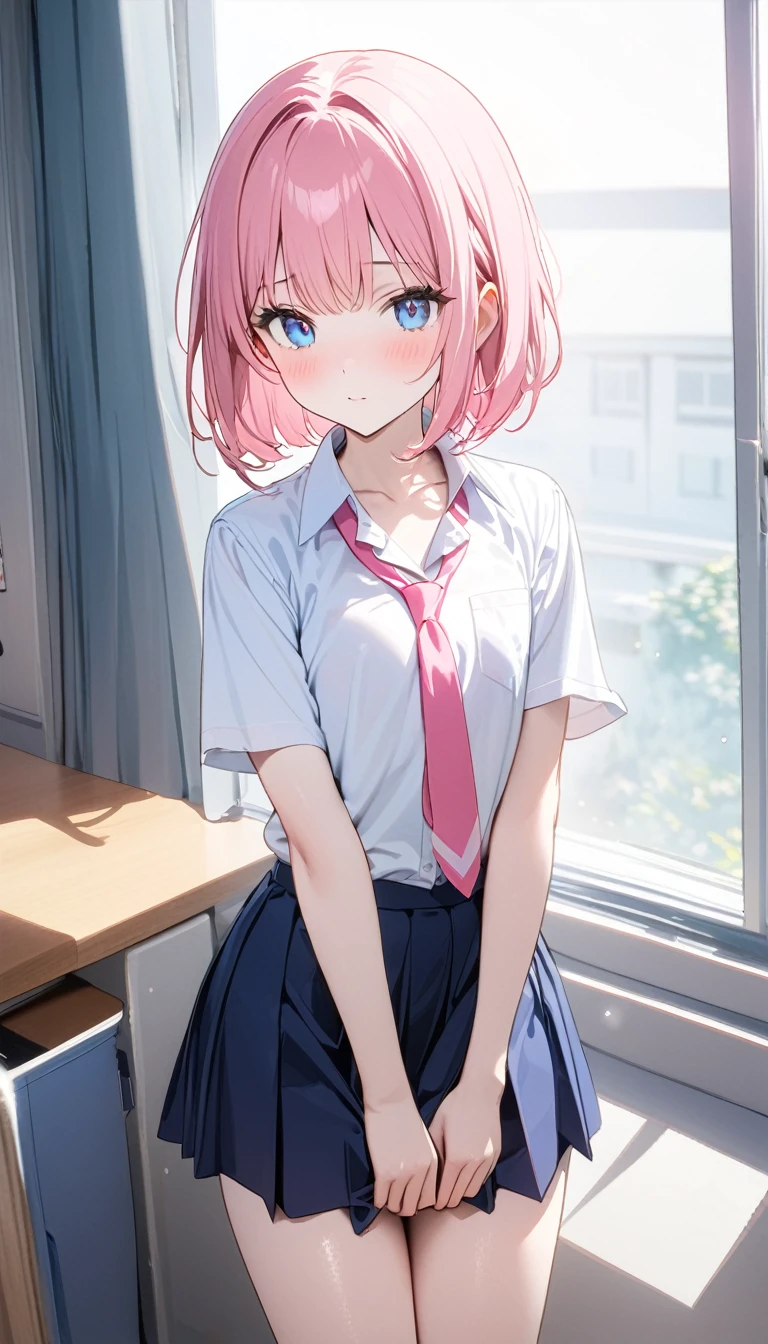 (1 girl),(Best Picture Quality, 8K, Masterpiece:1.3), (high school student:1.5), (pink lob hair), (bob cut), (slant skyblue eyes), ((school uniform, white short simple sleeve shirt, darkblue skirt, pink tie)), (super clear:1.5), (glistening skin:1.1),(pale skin:1.1), (standard weight), (flat chest).
