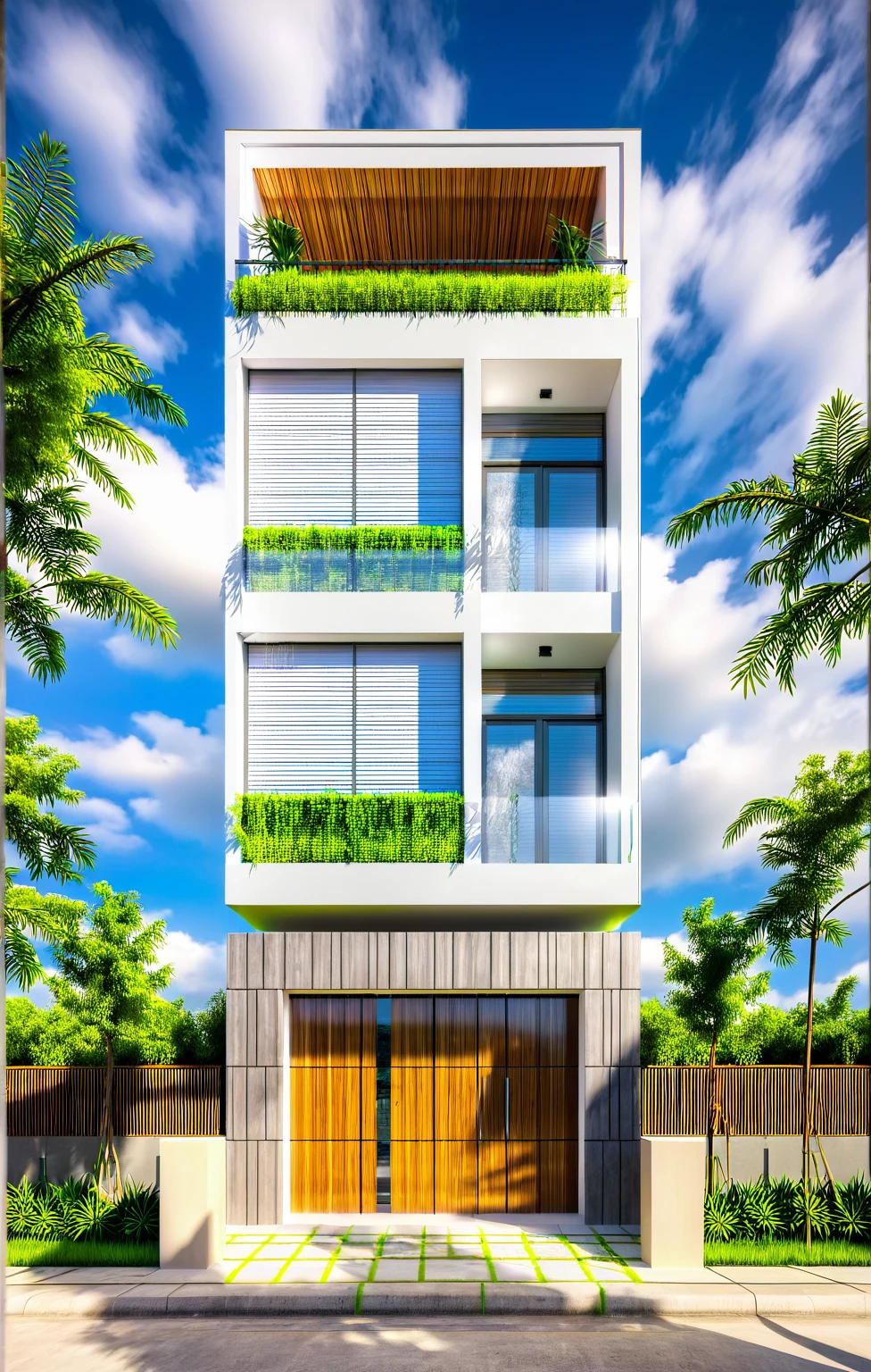 modern villa on street, (overcast lighting:1.2), tropical tree, vivid color, streetcapes, nice sky, grey wood and white tone, (large glass door:1.2), warm interior lighting, modern material, best quality, ultra realistic, masterpiece, 17ArchiAI_XL_VL-v1