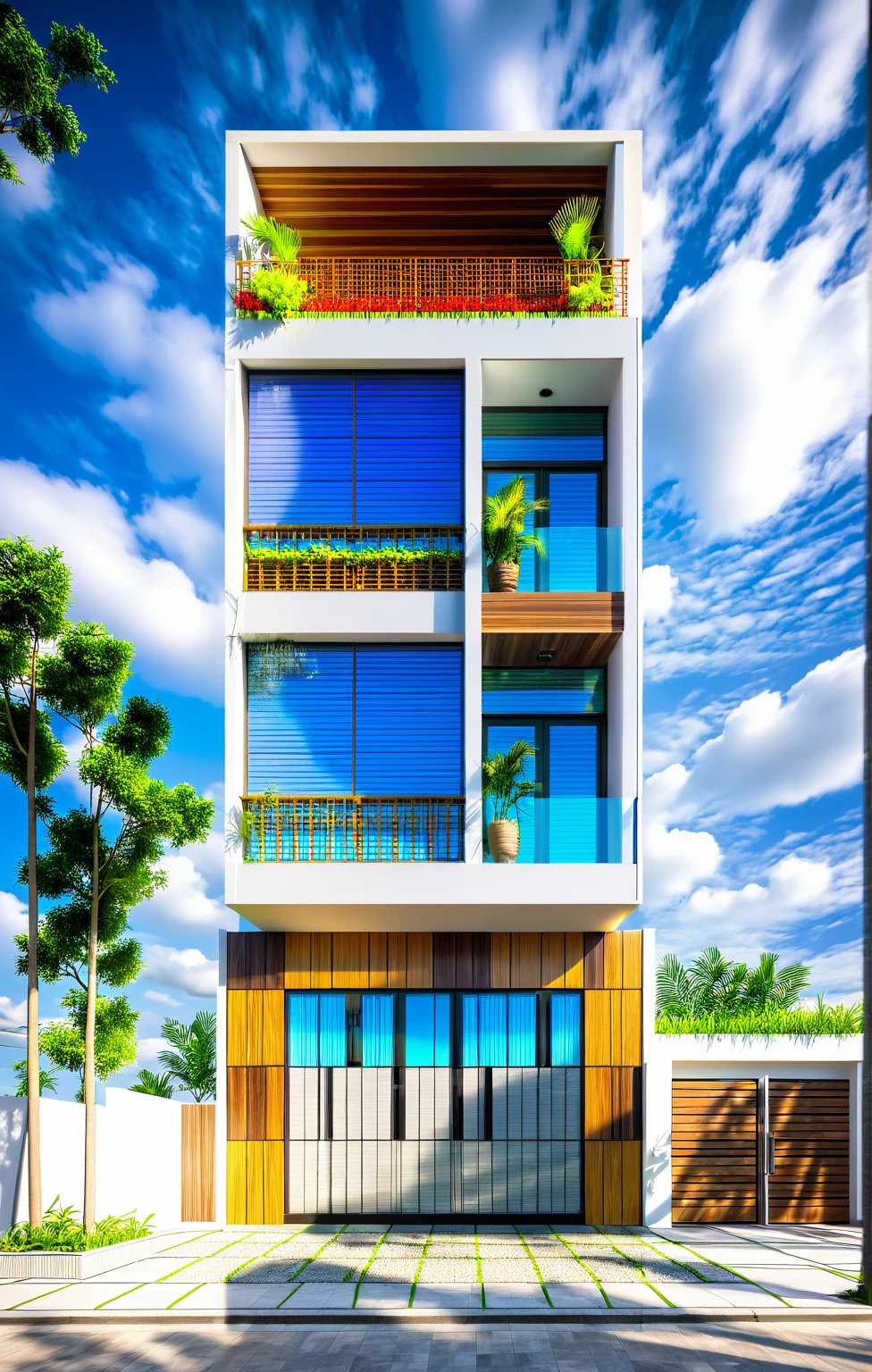 modern villa on street, (overcast lighting:1.2), tropical tree, vivid color, streetcapes, nice sky, grey wood and white tone, (large glass door:1.2), warm interior lighting, modern material, best quality, ultra realistic, masterpiece, 17ArchiAI_XL_VL-v1
