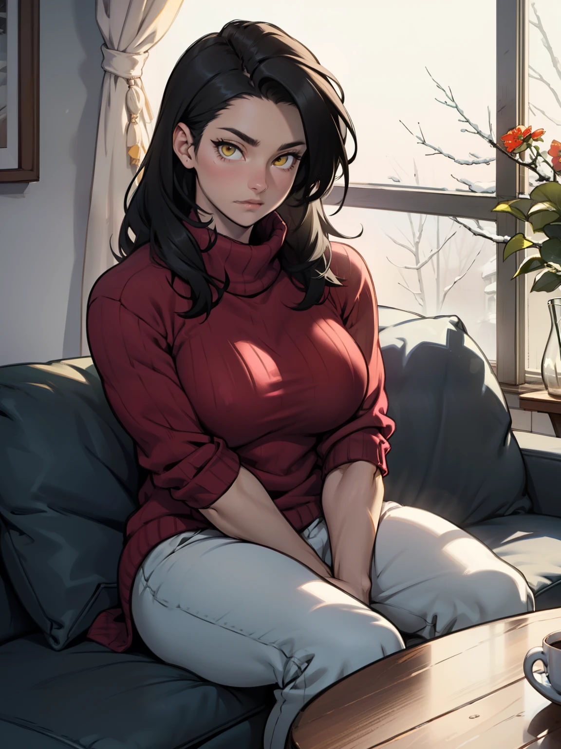 girl muscular girl breasts breasts breasts pale skin black hair yellow eyes baggy sweater sitting on couch with a mug winter clothes snow outside