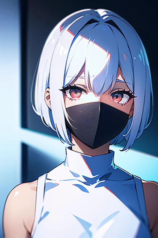 (white short hair)(red eye)(Eyes without highlights)(Wear a black mask)(In the dark alleys)(Gloomy environment)(Eyes emit blue U-light)4K