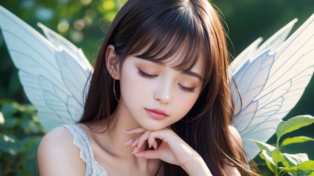 A beautiful fairy with wings、Sleeping with eyes closed、Fairy in front、Upper Body、bangs、Close-up of face、Glossy lips、night、high resolution、mysterious、high resolution、