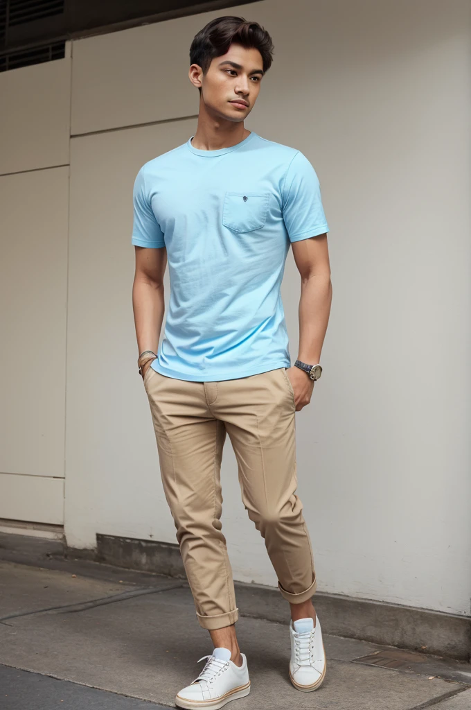 A person wearing light blue shirt without tucking in the shirt , beige colour chinos and white sneakers