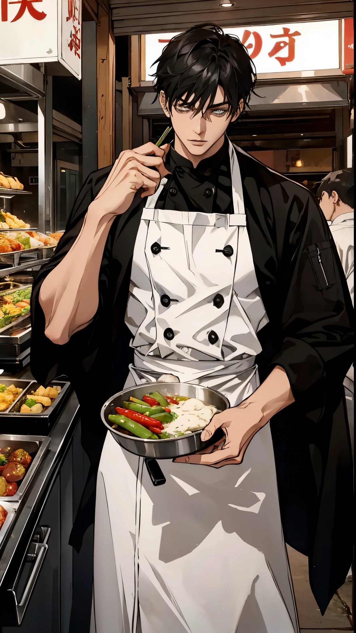 A handsome young man with black hair, dressed in a professional chef's outfit, is standing at a bustling street food stall. He is focused and skillfully preparing a delicious dish, with various cooking utensils and ingredients around him. The background features a vibrant market scene with other food stalls, colorful signs, and a crowd of people eagerly waiting for their food, emphasizing his dedication and expertise in the culinary arts.
