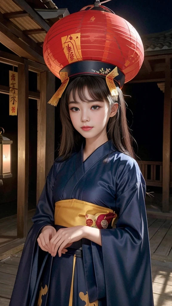 (Highest quality, 8K, masterpiece:1.2), Reality:1.4, One girl,alone, Black Hair, Idol Face, Slender body, Small and slender figure, Beautiful breasts, Have, Light_smile, (Ofuda), China dress, Arms crossed, whole body, Outdoor, Hanging lanterns, night, Higashi Setuna, ((Detailed eyes and face:1.2, Professional photography techniques)), ((-faced beautiful girl:1.2, Cute face)), (Detailed hands and arms)