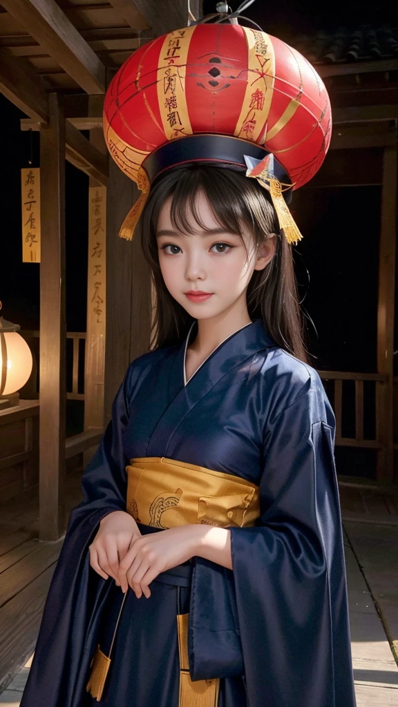 (Highest quality, 8K, masterpiece:1.2), Reality:1.4, One girl,alone, Black Hair, Idol Face, Slender body, Small and slender figure, Beautiful breasts, Have, Light_smile, (Ofuda), China dress, Arms crossed, whole body, Outdoor, Hanging lanterns, night, Higashi Setuna, ((Detailed eyes and face:1.2, Professional photography techniques)), ((Baby-faced beautiful girl:1.2, Cute face)), (Detailed hands and arms)