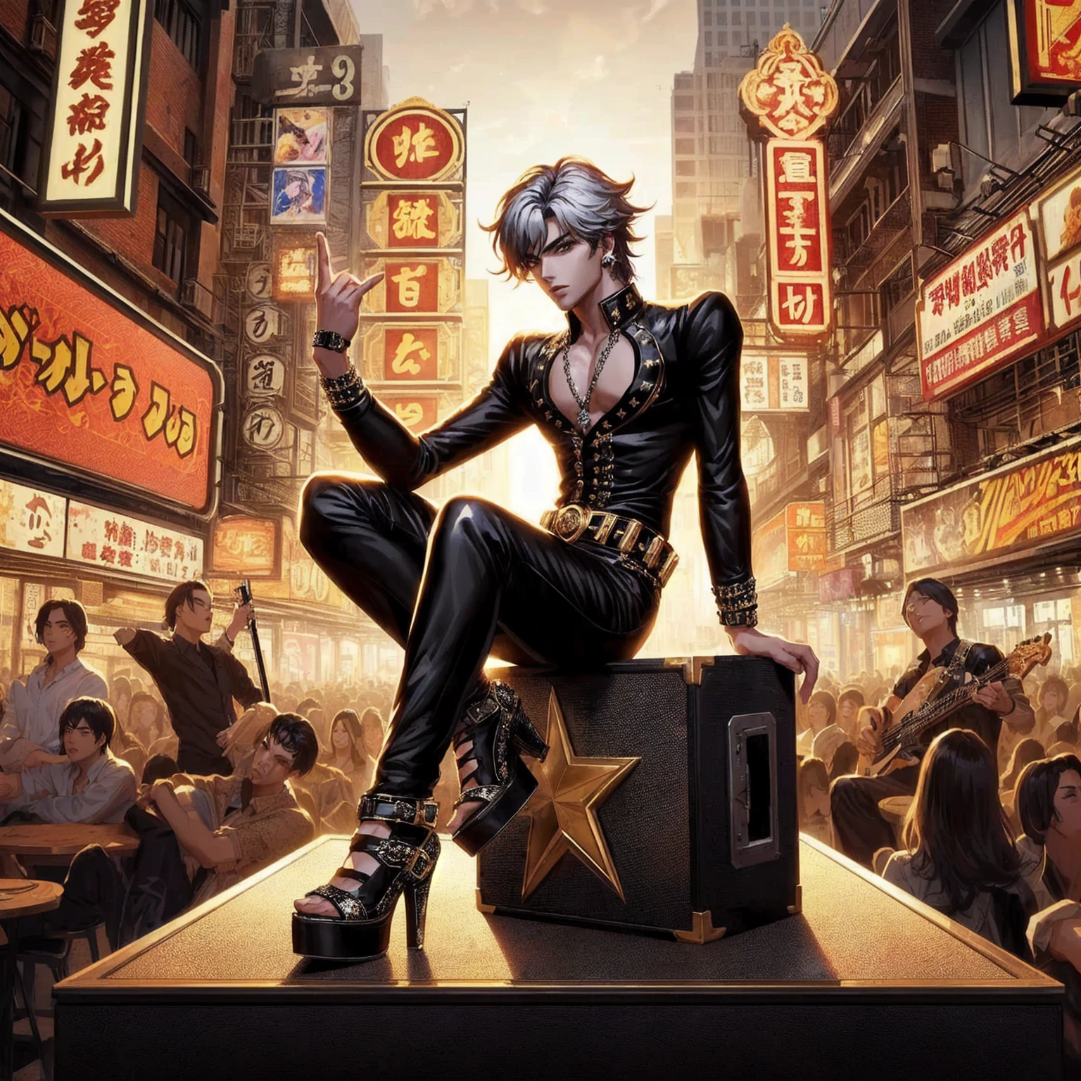 handsome man jojo , Power floor at Yaowarat MV for the song Rock Star by lisa, , rock people ,ชุดrock peopleสุดเท่,Shiny black dress , high resolution , anime style