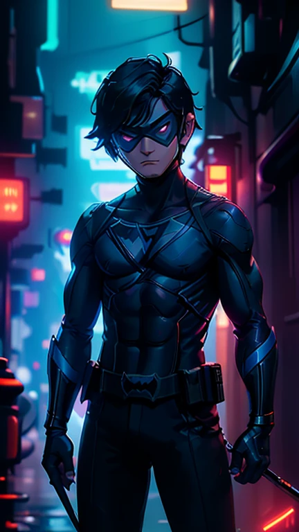 best quality,masterpiece,1boy,solo,(((13years old))),japanese boy,an extremely cute and handsome boy,highly detailed beautiful face and eyes,petit,cute face,lovely face,baby face,shy smile,show teeth, Black hair,Short hair,flat chest,skinny,slender,(((wearing a Nightwing costume,black hero mask style))),(((standing in Dark Midnight Neon Glow light Cyberpunk Gotham City))),he is looking at the viewer,