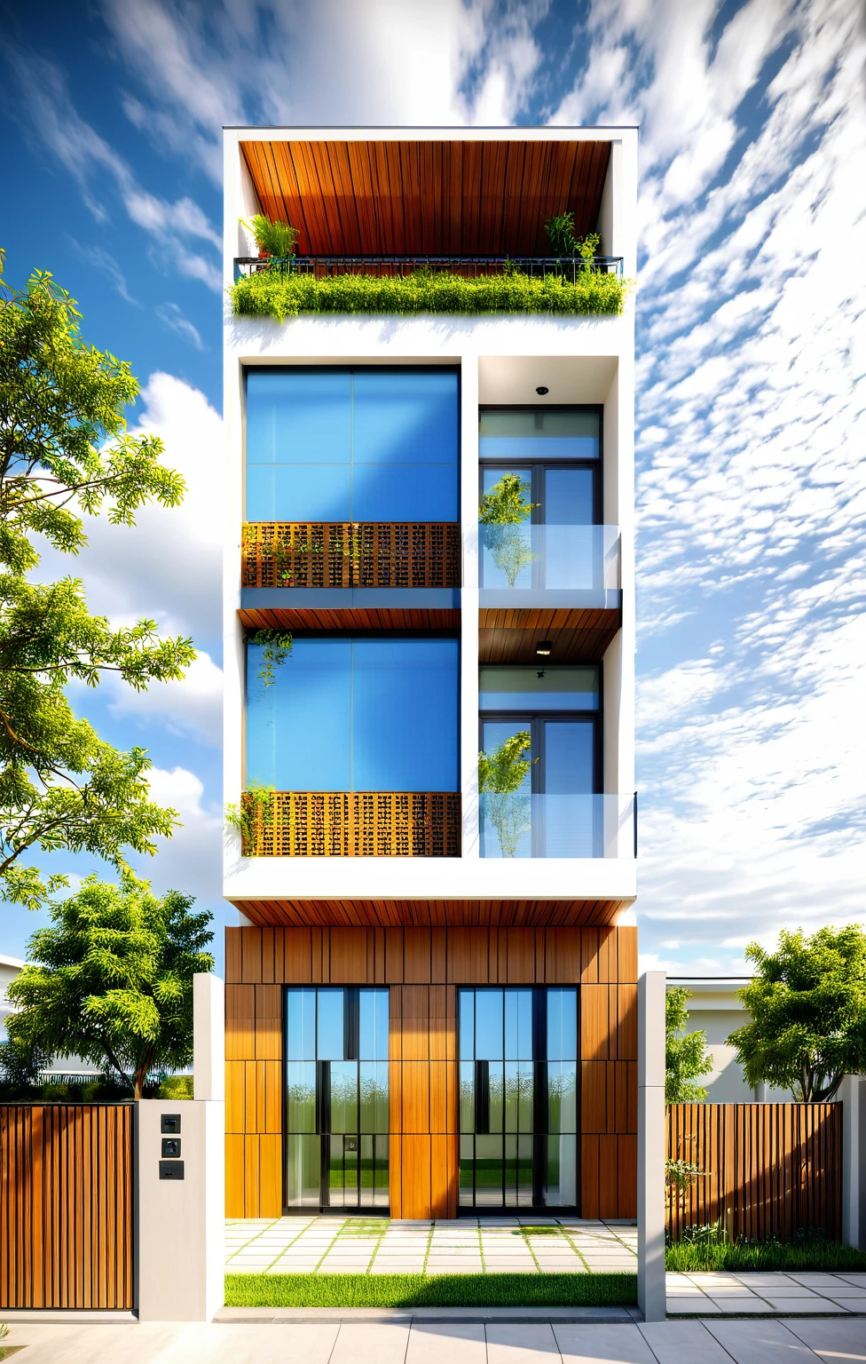 townhouse, (modern style:1.2), exterior design, perspective view, (white wall:1.3), wooden ceiling, open roofs, (block sidewalks and asphalt roads), (real sky background), Low trees around the house, overall peaceful atmosphere cinematic photo, (Neutral lighting is suitable for the modern villa, light color thermometer lighting), (architectural design visualization), (reflection), (focus on object), (material normal bump real reflection), (scattered light), (light ray), (multi-beam light), (sunbeam) (multi-level reflection), (corona software visualization render:1.2),(((Best Quality))), ((Masterpiece)), ((best illustration)), ((best shadows)), ((Super Detail)), (Intricate lines), (Photorealism),(hyper detail), ((archdaily)), ((award winning design)), (dynamic light), ((day)), spotlight, (perfect light), (shimering light), ((photorealistic)), ((intricate detail)), ((extreme detail)), ((science)), ((hyper-detail)), ((super detail)), ((super realistic)), ((crazy detail)), ((octane render)), ((Cinematic)), ((trending on artstation)), ((High-fidelity)), ((Viwvid)), ((Crisp)), ((Bright)), ((Stunning)), ((Eye-catching)), ((High-quality)),((Sharp))((Bright)), ((Stunning)), ((natural sun environment)), ((Eye-catching)), ((Illuminating)), ((Flawless)), ((High-quality)),((Sharp edge render)), ((medium soft lighting)), ((photographic render)), ((detailed archviz)), ((reality environment)), (modern townhouse design architectural design facade), (modern townhouse facade roof design), (modern townhouse facade wall design), (modern townhouse facade decoration material design) (townhouse facade door and window design modern), (environmental lighting design), (modern townhouse facade lighting design), (modern townhouse front gate and fence design), (tree decoration design for townhouse facade), (Design lights for gate posts and fences), (townhouse facade railing design)