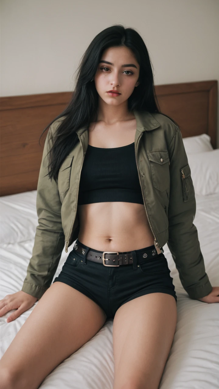 a woman laying on a bed wearing a and jacket, long hair, black hair, long sleeves, navel, parted lips, shorts, midriff, belt, mole, lips, crop top, short shorts, mole under eye, black shorts