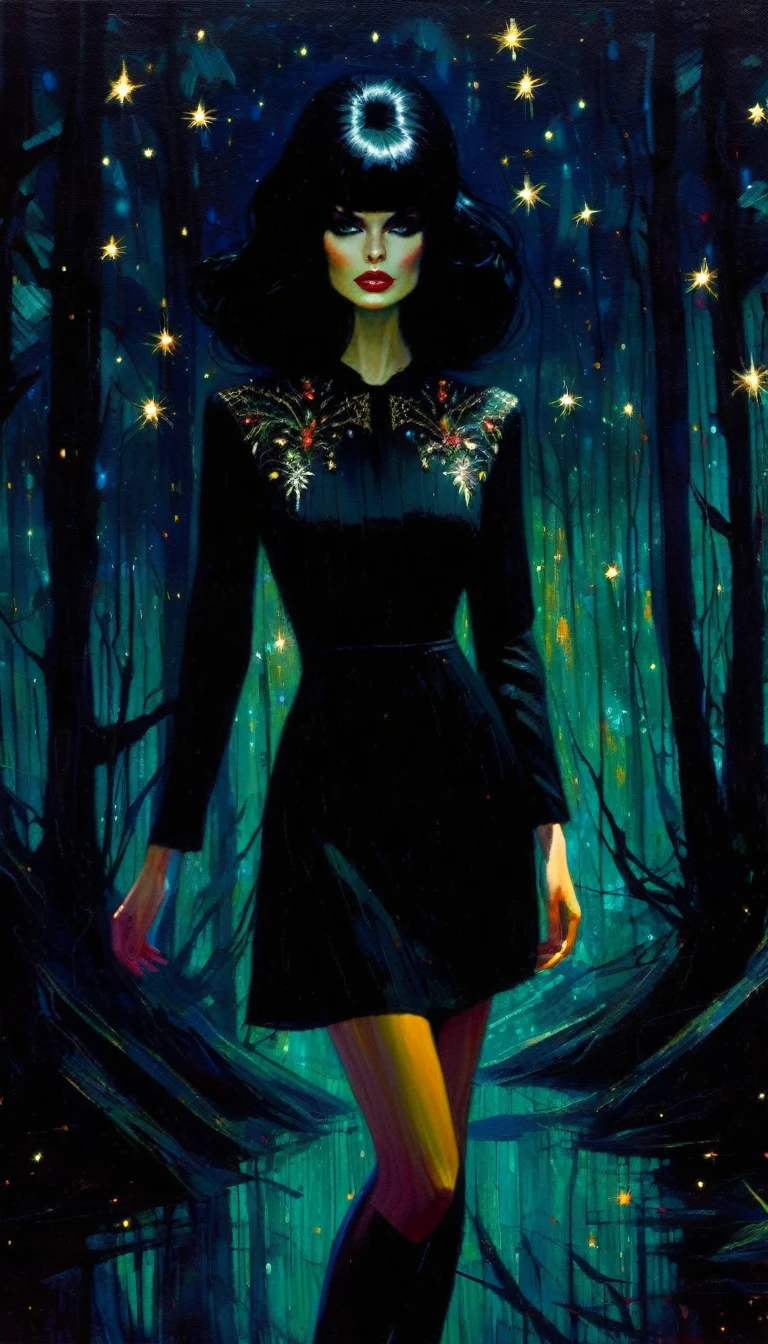 sexy black hair girl, embroidered black dress, dark forest, sinister, stars, background (art inspired by Bill Sienkiewicz). oil painting)