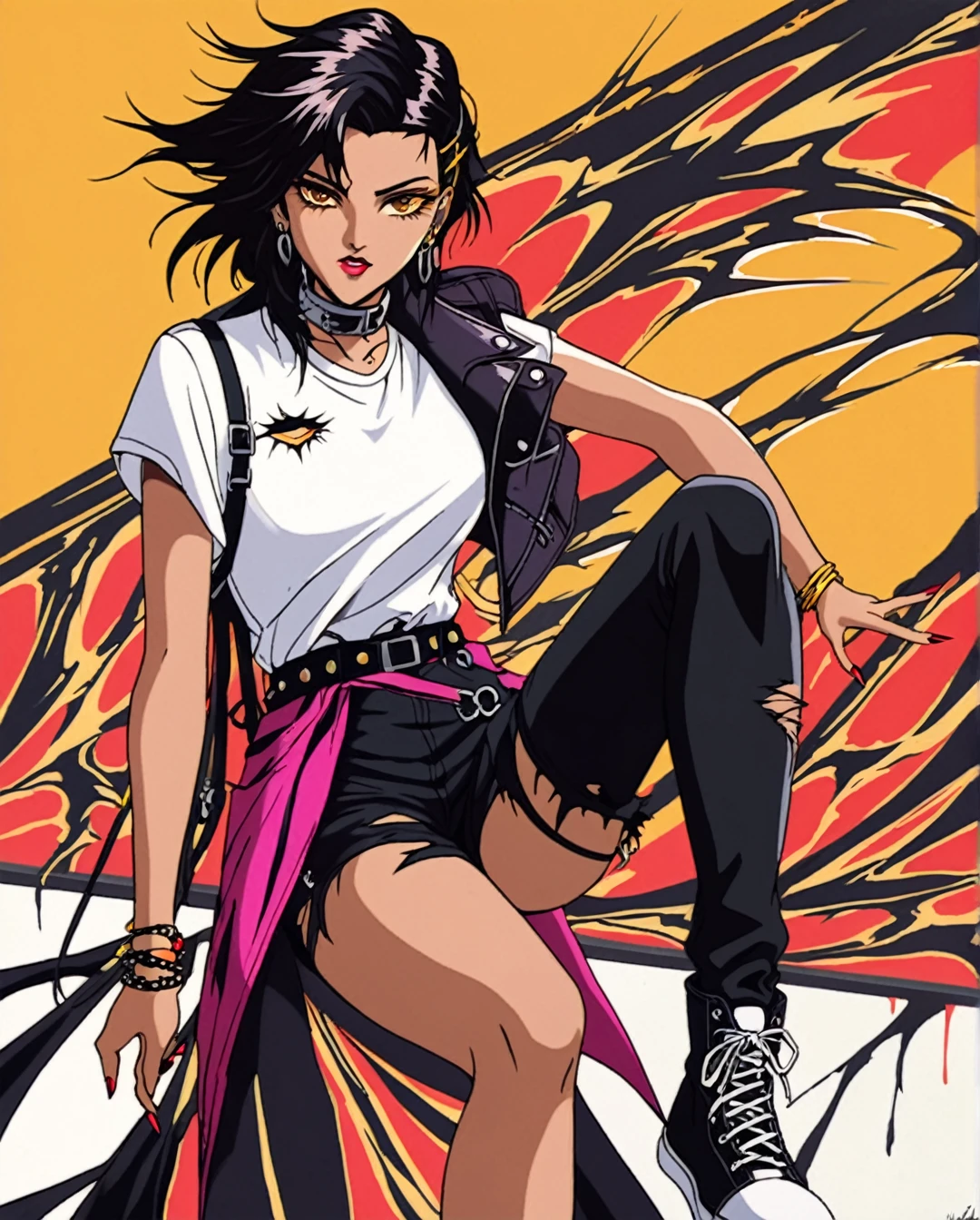 A rebellious Saudi Arabian woman, her black hair styled into a punk rock inspired look, complements her brown eyes and light brown tan skin. The image, possibly a vibrant painting, captures her bold and unique style with precision. Every detail, from her edgy clothing to her unconventional appearance, exudes an air of confidence and individuality. The high quality of the image allows viewers to truly appreciate the essence of her unconventional beauty and self-expression