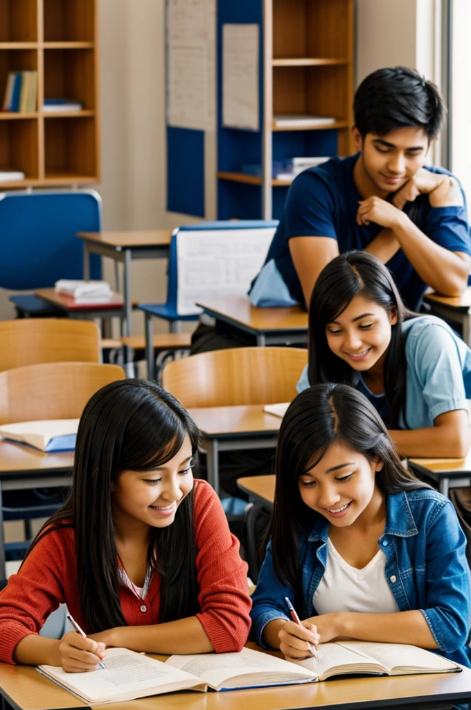 Two friends study in class room 