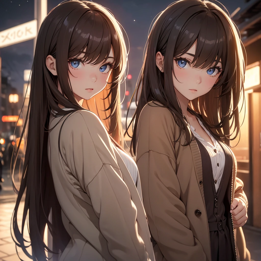 (8K, Best Quality, Masterpiece, Ultra High Resolution) 1 Girl, Teen, , Slender, Beautiful Eyes, Face Details, Long Brunette Hair, Hazel Eyes, Pale Skin, Wearing , Cardigan, Standing Outside at Night, Best Quality, Upper Body, Looking at the Viewer, Facing Viewer, Close Up