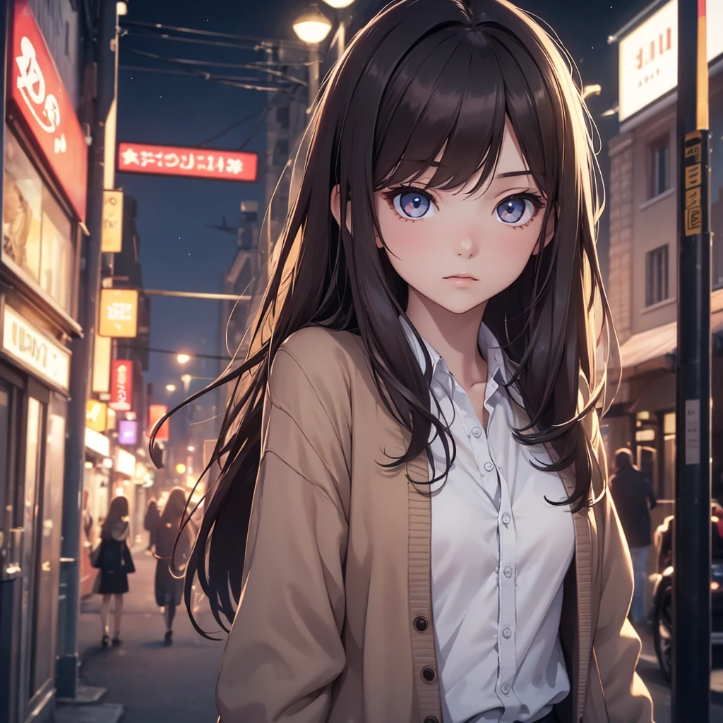 (8K, Best Quality, Masterpiece, Ultra High Resolution) 1 Girl, Teen, , Slender, Beautiful Eyes, Face Details, Long Brunette Hair, Hazel Eyes, Pale Skin, Wearing , Cardigan, Standing Outside at Night, Best Quality, Upper Body, Looking at the Viewer, Facing Viewer, Close Up