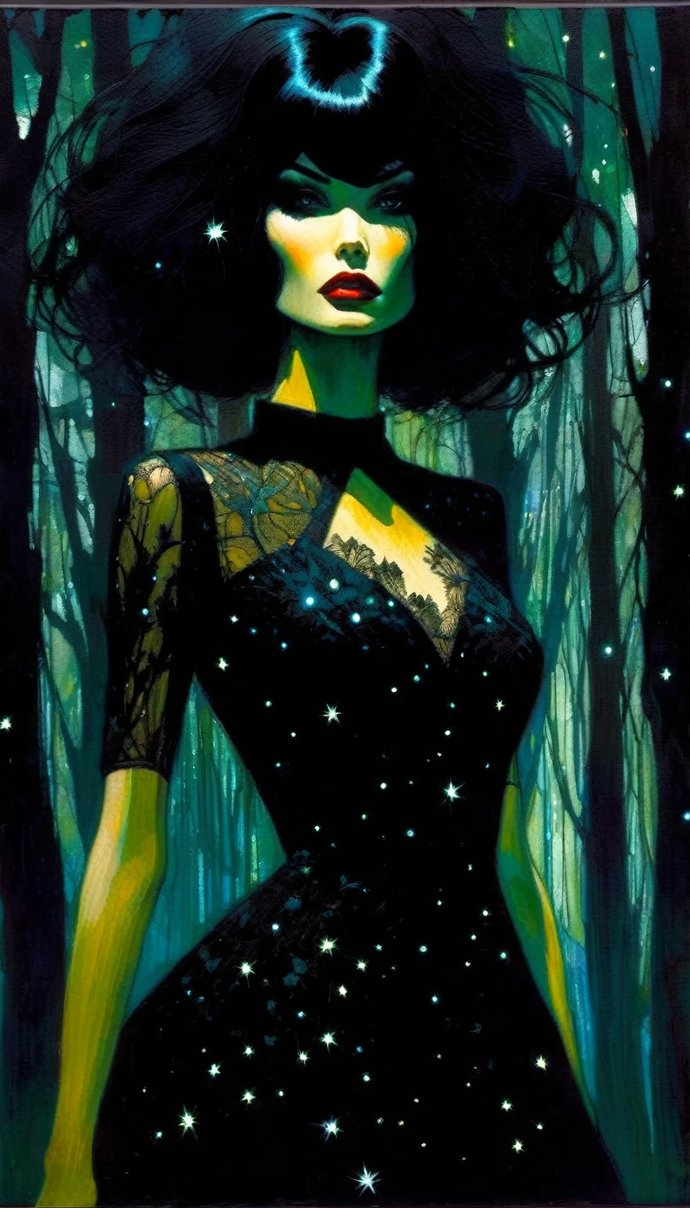 sexy black hair girl, embroidered black dress, dark forest, sinister, stars, background (art inspired by Bill Sienkiewicz). oil painting)
