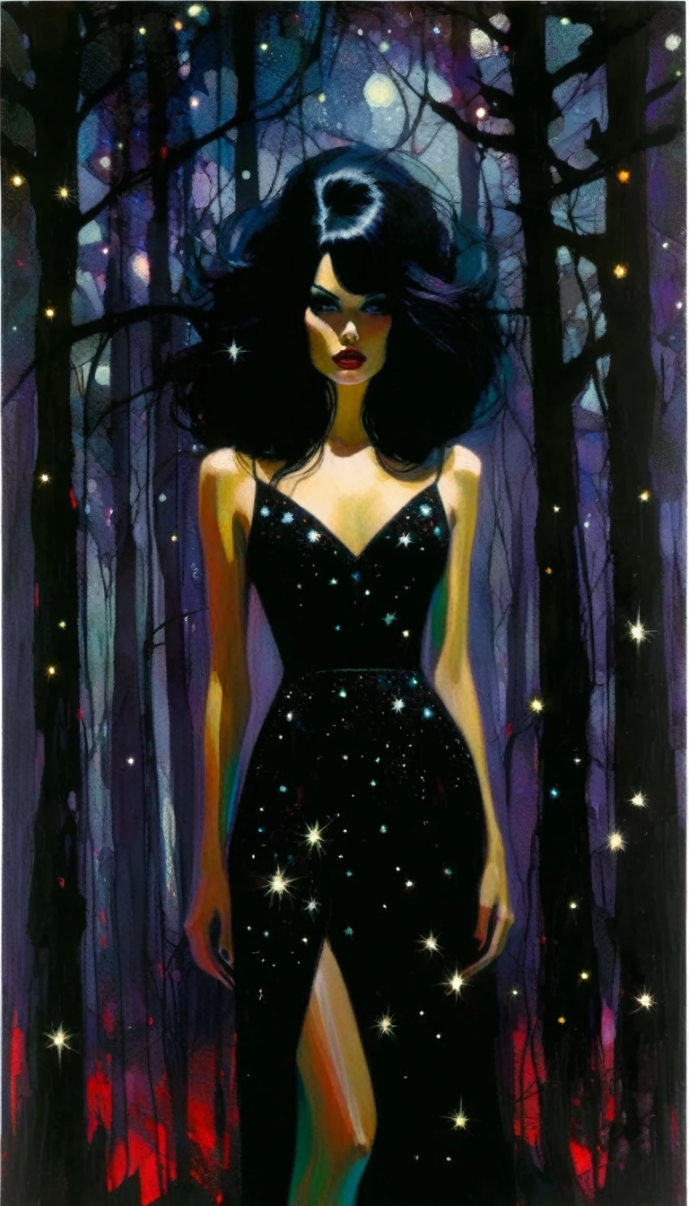 sexy black hair girl, embroidered black dress, dark forest, sinister, stars, background (art inspired by Bill Sienkiewicz). oil painting)
