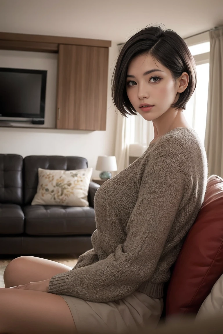 Handsome woman with short hair ,living room