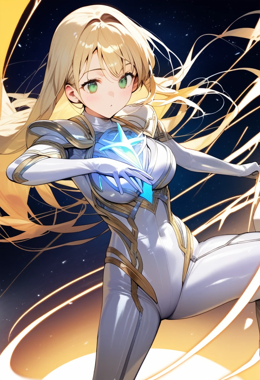 (best quality),female,Sala,original,blonde hair ,green eyes,silver metallic bodysuit,ultragirl,,space background,ultra-detailed,sharp focus,aesthetic, score_9, score_8_up, score_7_up,source_anime,