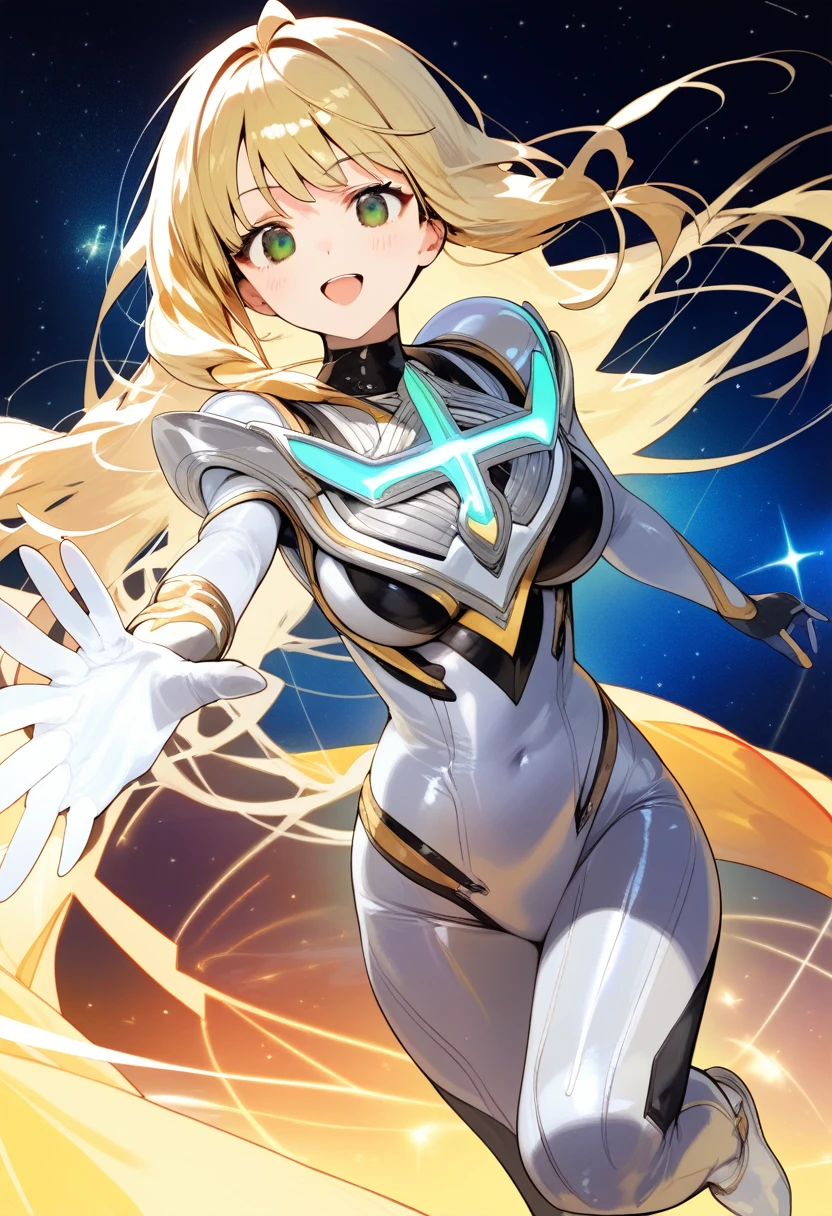 (best quality),female,Sala,original,blonde hair ,green eyes,silver metallic bodysuit,ultragirl,,space background,ultra-detailed,sharp focus,aesthetic, score_9, score_8_up, score_7_up,source_anime,