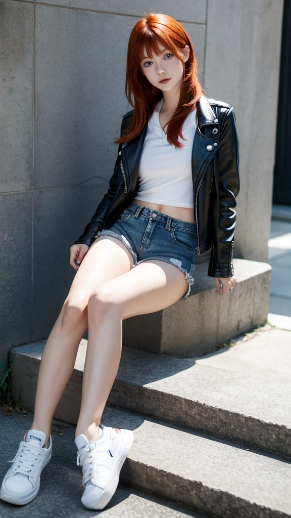 Pure girl,Wearing a black leather jacket,Sit on a chair with your legs spread out,and hold your head in your hands