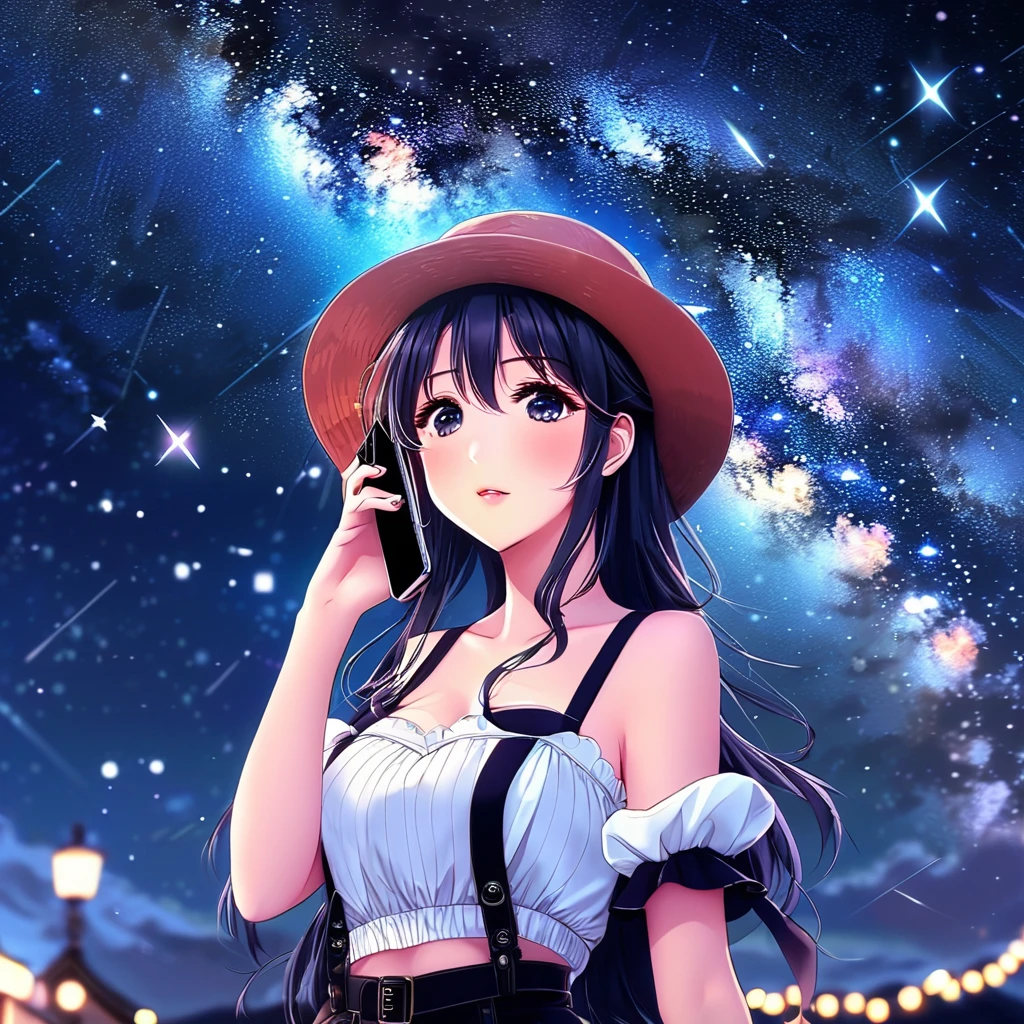 anime girl with a hat and a cell phone looking at the stars, an anime drawing by Yuumei, trending on pixiv, magical realism, anime style 4 k, anime vibes, (anime girl), high quality anime artstyle, anime style. 8k, anime art wallpaper 4k, anime art wallpaper 4 k, lofi girl, nightcore