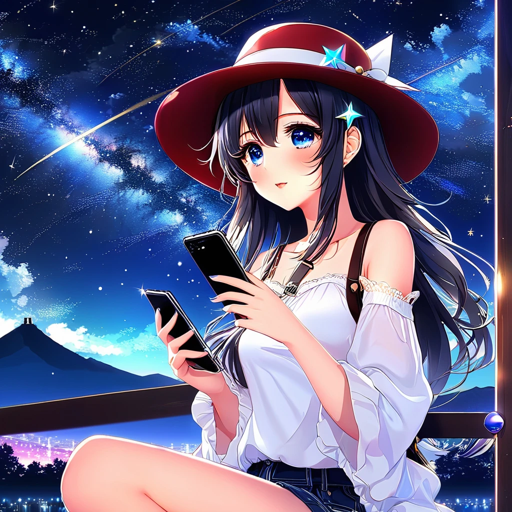 anime girl with a hat and a cell phone looking at the stars, an anime drawing by Yuumei, trending on pixiv, magical realism, anime style 4 k, anime vibes, (anime girl), high quality anime artstyle, anime style. 8k, anime art wallpaper 4k, anime art wallpaper 4 k, lofi girl, nightcore