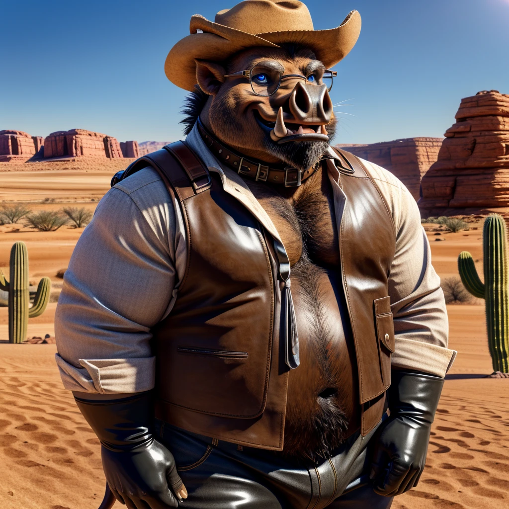 Male, fat, extremely obese, Boar, blue eyes, (posing:1.3), (soft shading), 4k, hi res, ((detailed face, detailed)), looking at viewer, smile, open mouth, desert, cactus, shirt, hat, male focus, cowboy shot, glasses, pants, bag, vest, backpack, sleeves rolled up, round eyewear, brown headwear, brown vest, whiskers, Boar is wearing a glossy leather dog collar around the neck, Boar is wearing the leather collar and shirt and vest at the same time, Boar is wearing glossy black rubber gloves on the hands, gloves are rubber in texture.