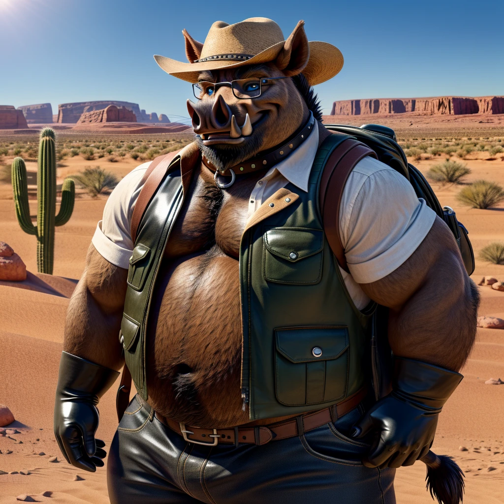 Male, fat, extremely obese, Boar, blue eyes, (posing:1.3), (soft shading), 4k, hi res, ((detailed face, detailed)), looking at viewer, smile, open mouth, desert, cactus, shirt, hat, male focus, cowboy shot, glasses, pants, bag, vest, backpack, sleeves rolled up, round eyewear, brown headwear, brown vest, whiskers, Boar is wearing a glossy leather dog collar around the neck, Boar is wearing the leather collar and shirt and vest at the same time, Boar is wearing glossy black rubber gloves on the hands, gloves are rubber in texture.