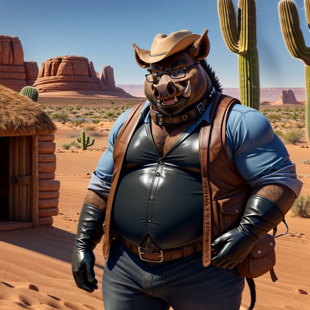 Male, fat, extremely obese, Boar, blue eyes, (posing:1.3), (soft shading), 4k, hi res, ((detailed face, detailed)), looking at viewer, smile, open mouth, desert, cactus, shirt, hat, male focus, cowboy shot, glasses, pants, bag, vest, backpack, sleeves rolled up, round eyewear, brown headwear, brown vest, whiskers, Boar is wearing a glossy leather dog collar around the neck, Boar is wearing the leather collar and shirt and vest at the same time, Boar is wearing glossy black rubber gloves on the hands, gloves are rubber in texture.